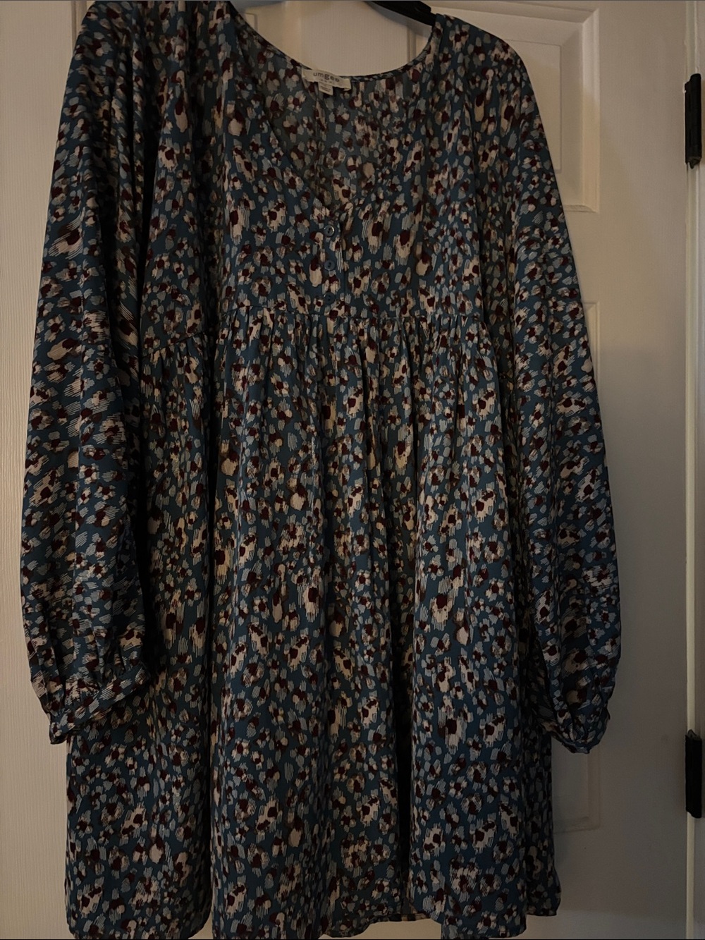Umgee Blue Tunic Dress with Burgundy and Tan Abstract Spot Print